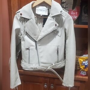 Nasty Gal Cream Fringe Leather Jacket